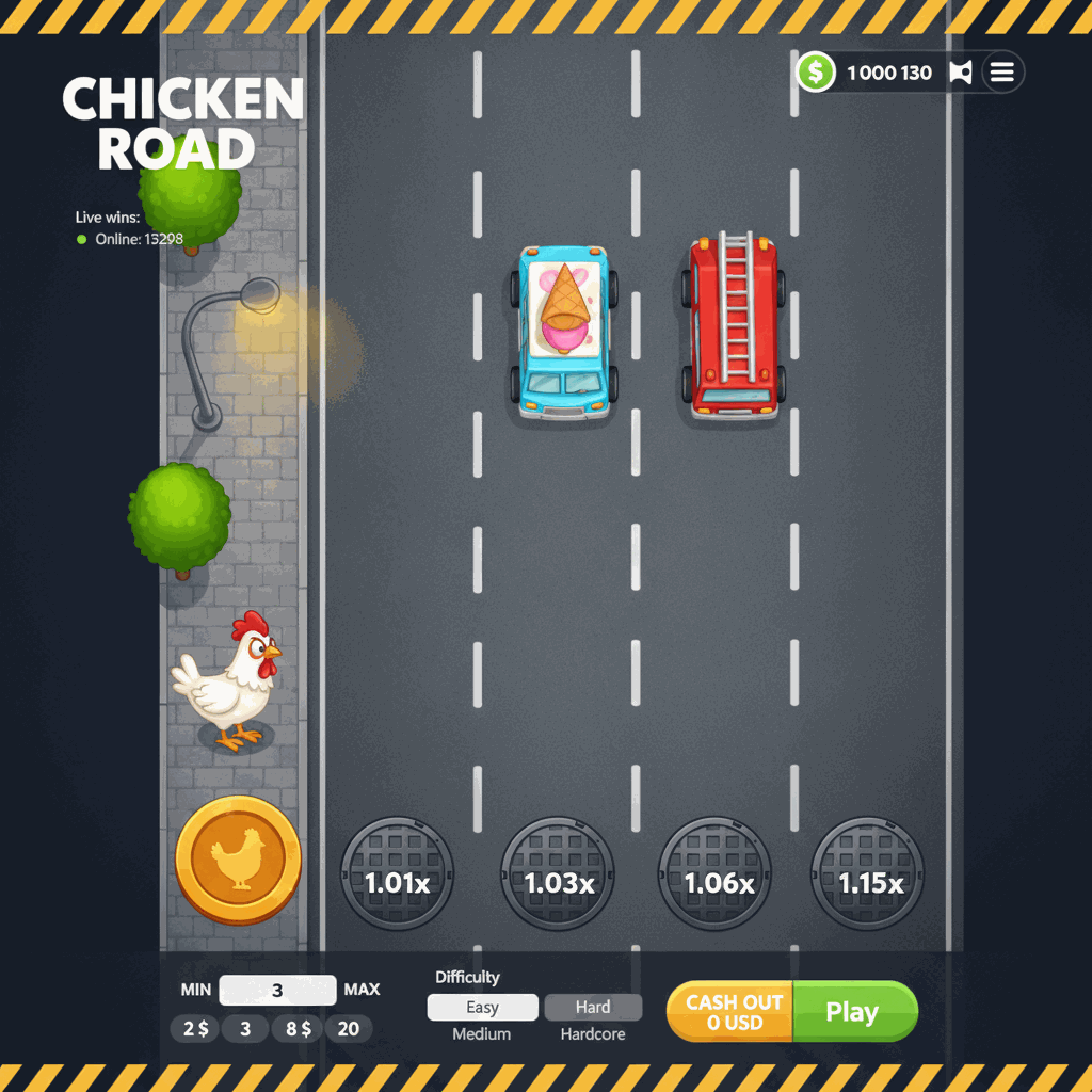 Chicken Road crash game interface showing a cartoon chicken crossing a multi-lane road with white dashed lane dividers, manhole cover multiplier markers on each lane, and urban scenery including green trees and a street lamp on the left sidewalk