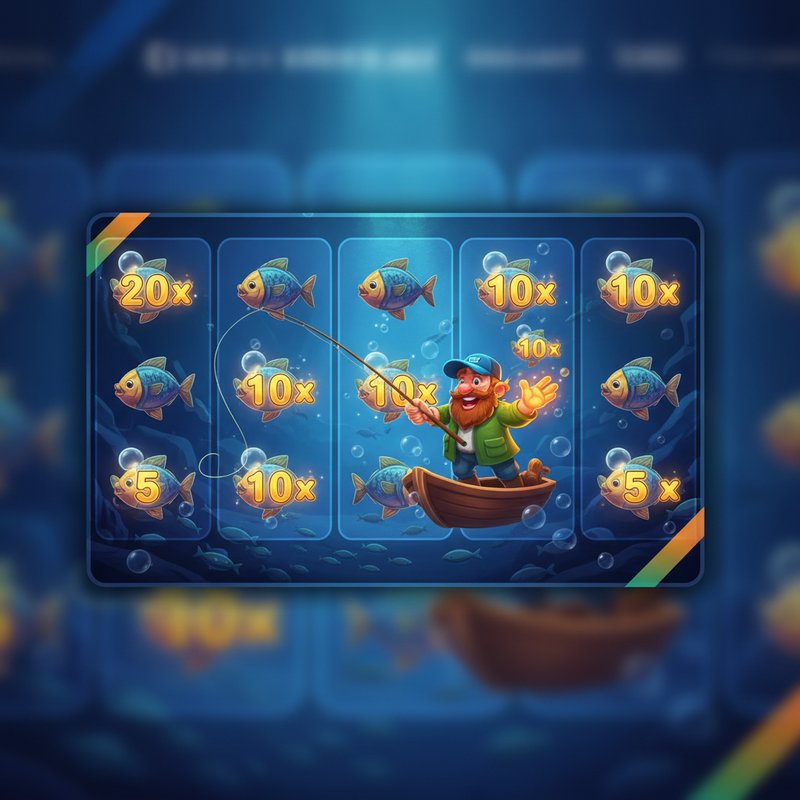 Fishin Frenzy free games feature with fisherman wild collecting fish prize values on screen