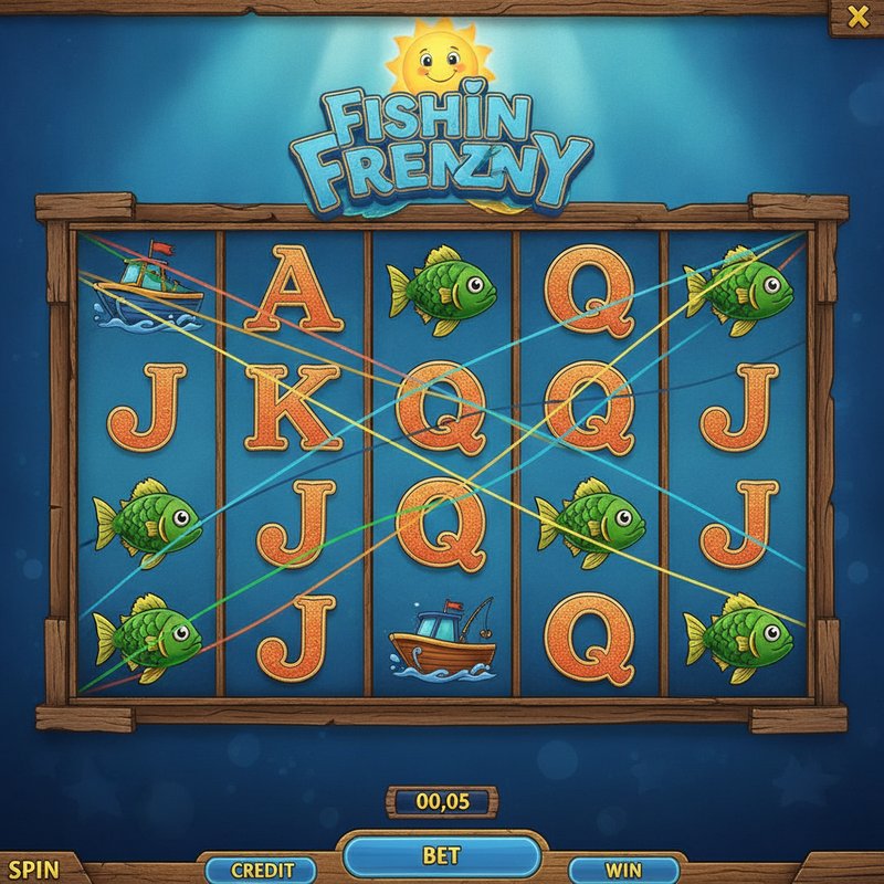 Fishin Frenzy gameplay showing active coloured paylines across the 5x3 reel grid
