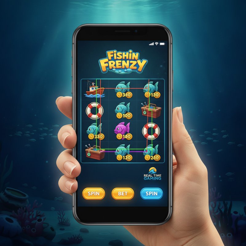 Fishin Frenzy slot running on a mobile device with ocean background and Real Time Gaming logo