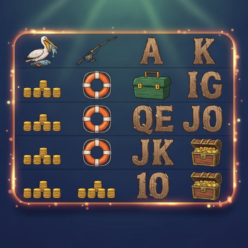 Fishin Frenzy paytable showing pelican, fishing rod, life preserver, tackle box, and card symbol payouts